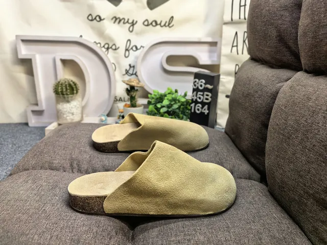 Gray Beige Suede Upper Cork Sole Slippers 21