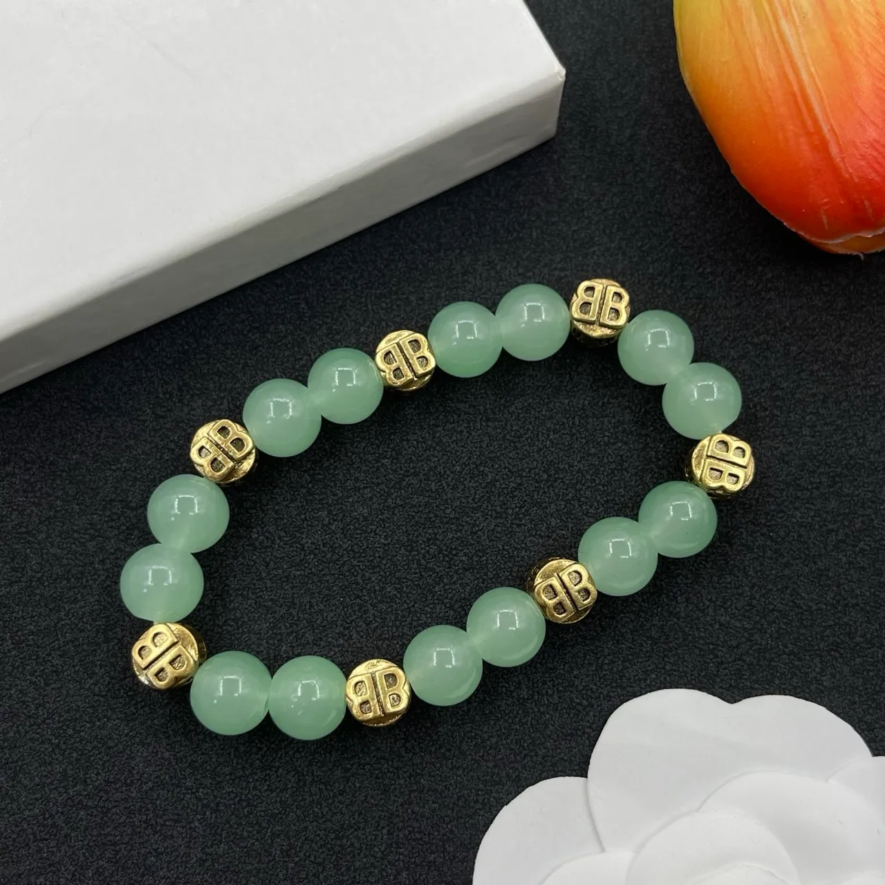 Green Jade and Gold-Tone Double-B Motif Beaded Bracelet 7