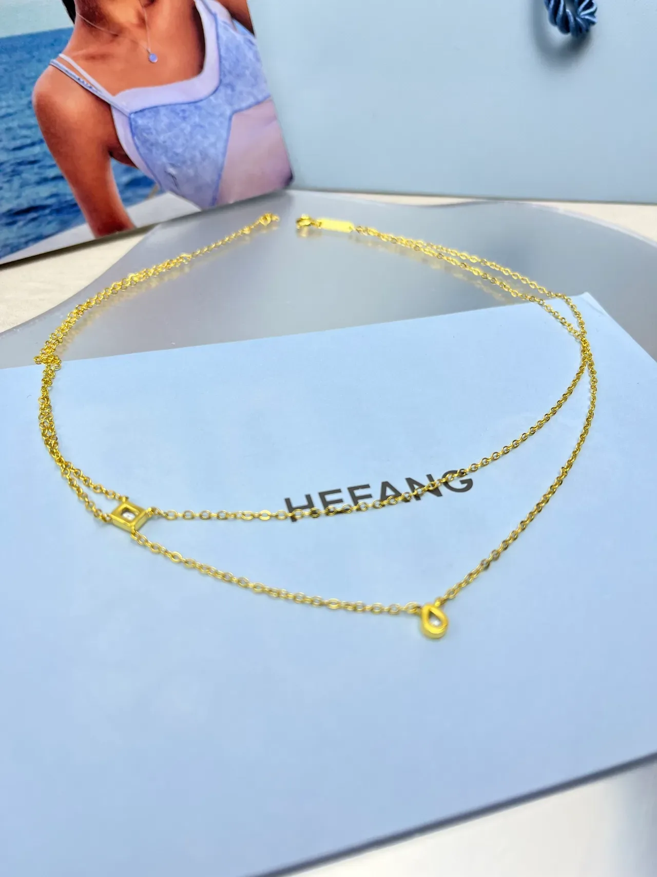 HEFANG Double-Layer Gold-Tone Teardrop and Square Crystal Necklace 9