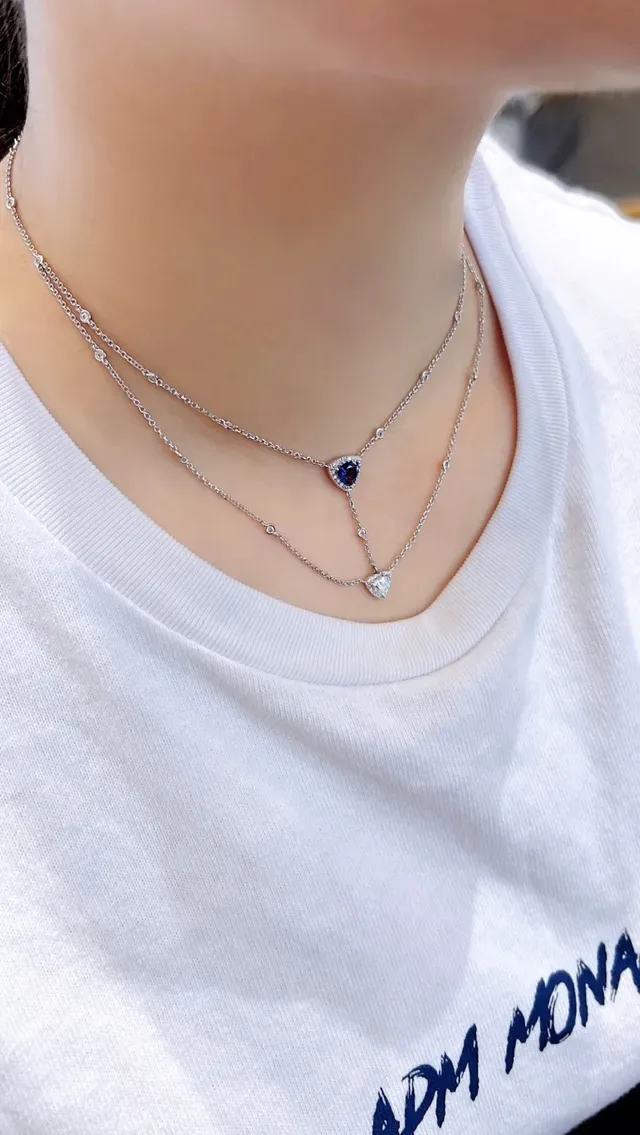 Layered Double-Chain Triangular Gemstone Pendant Necklace 3