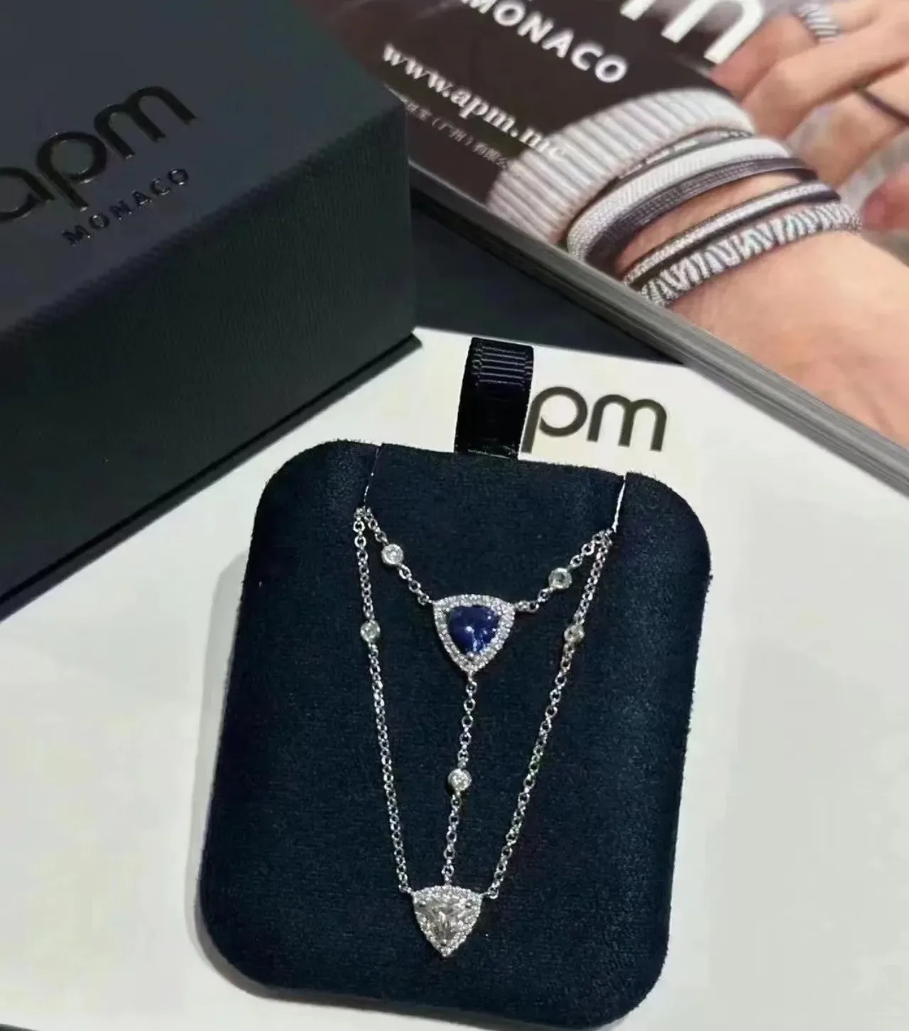 Layered Double-Chain Triangular Gemstone Pendant Necklace 6