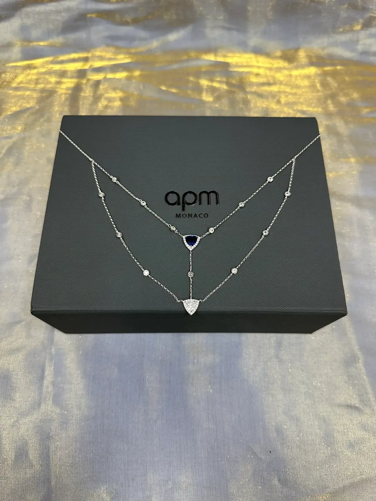 Layered Double-Chain Triangular Gemstone Pendant Necklace 7