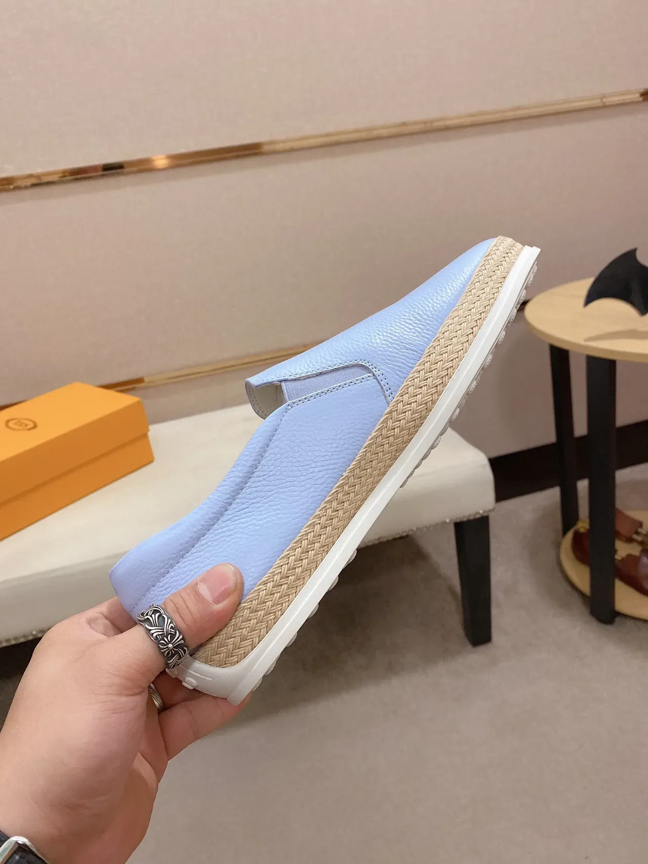 Light Blue Pebbled Leather Slip-On Boat Shoe 6
