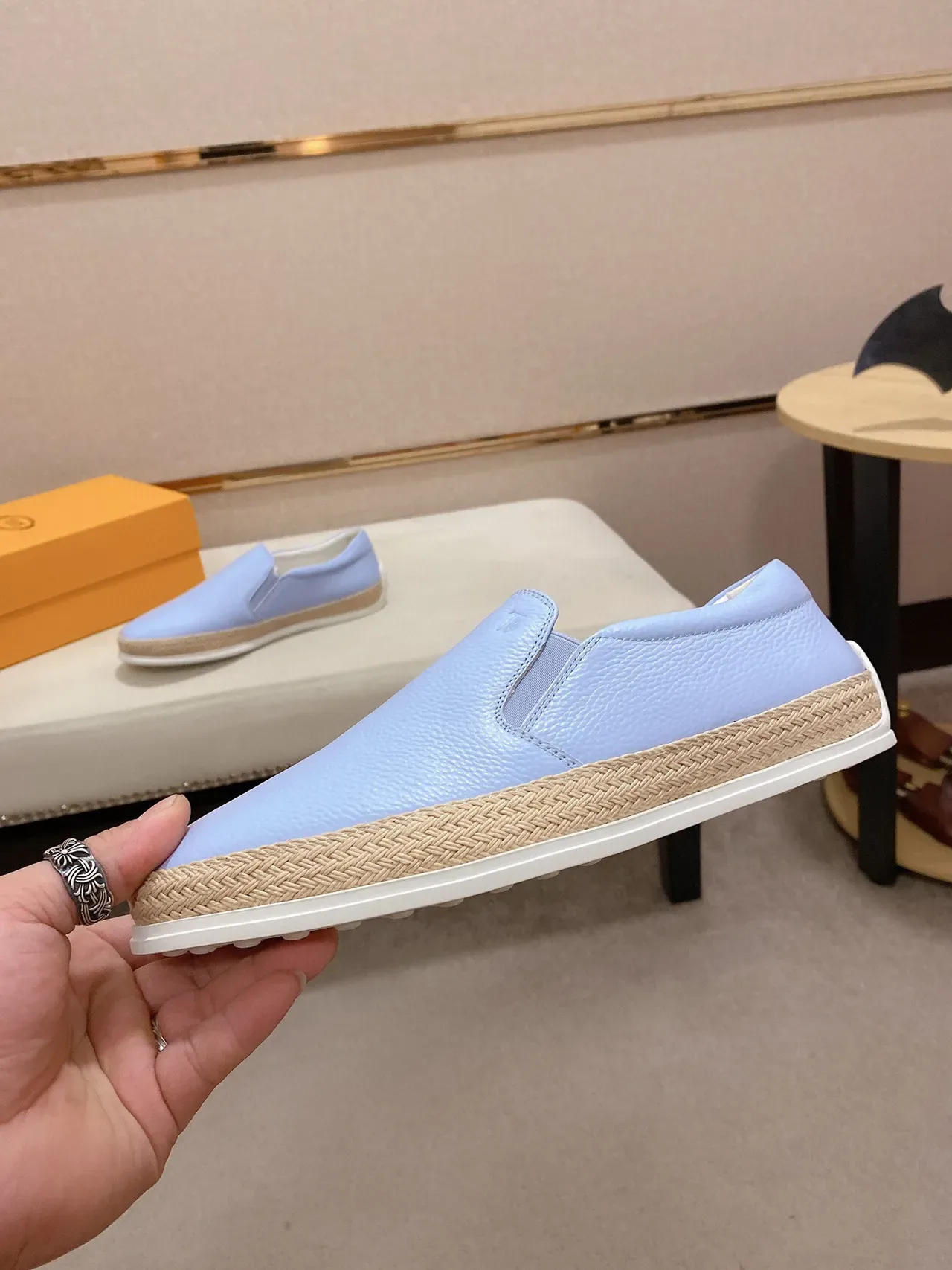 Light Blue Pebbled Leather Slip-On Boat Shoe 9