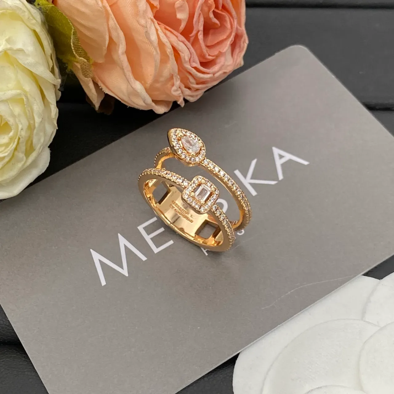 Messika Double-Band Pavé Pear and Emerald-Cut Stone Ring 3