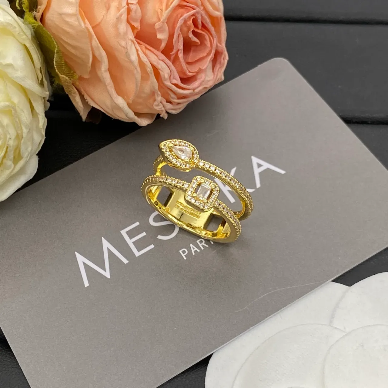Messika Double-Band Pavé Pear and Emerald-Cut Stone Ring 7