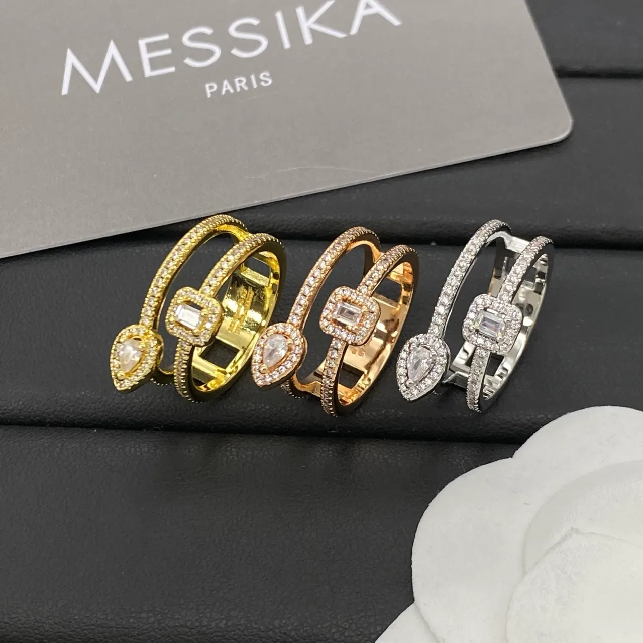 Messika Double-Band Pavé Pear and Emerald-Cut Stone Ring 9
