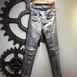 Metallic Silver Moto-Style Distressed Jeans