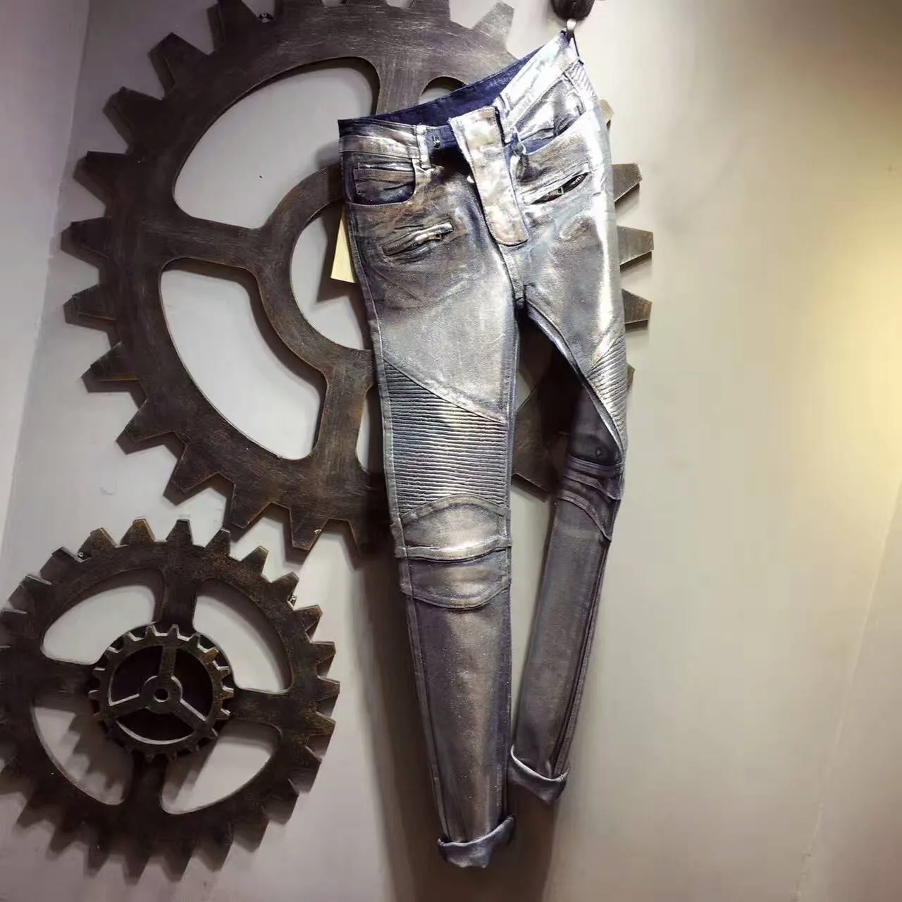 Metallic Silver Moto-Style Distressed Jeans 4