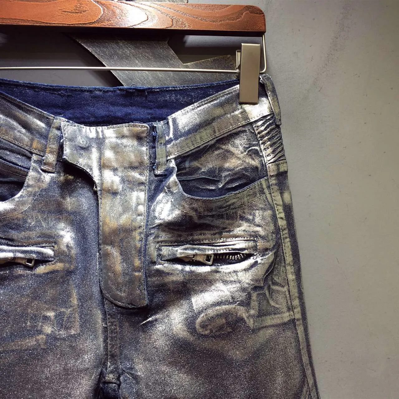 Metallic Silver Moto-Style Distressed Jeans 7