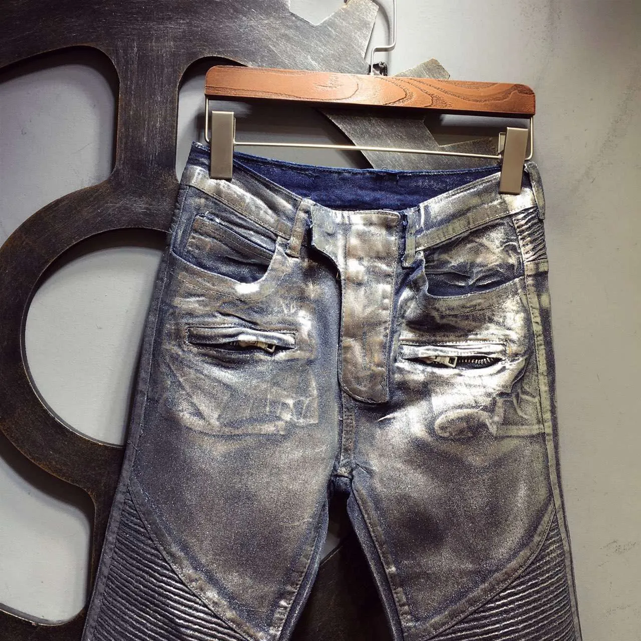 Metallic Silver Moto-Style Distressed Jeans 8