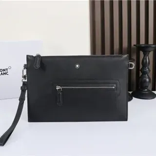 Montblanc Black Silver Rectangular Silhouette Smooth Leather Envelope Clutch