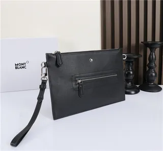 Montblanc काला चाँदी आयताकार सिल्हूट चिकना चमड़ा लिफाफा क्लच 6