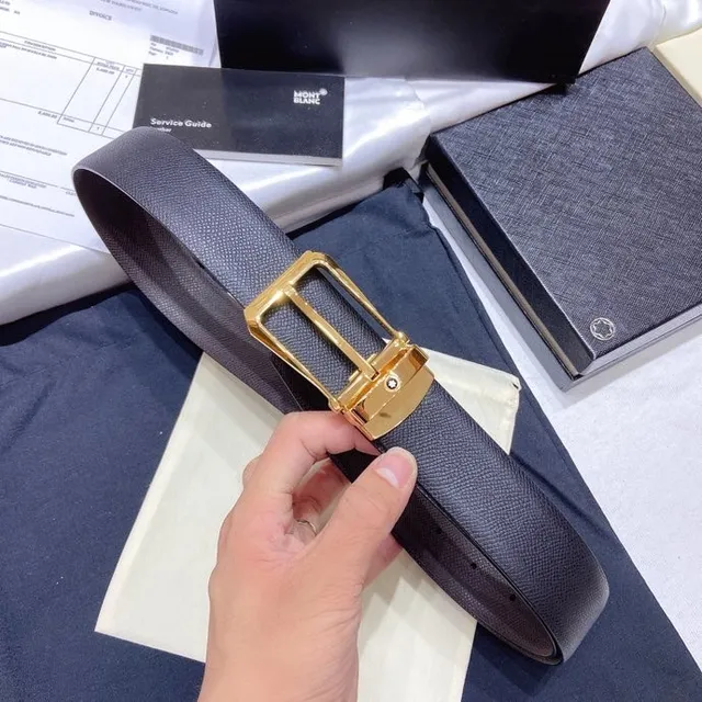 Montblanc Gray Gold Textured Pebbled Rectangular Buckle Leather Belt 2