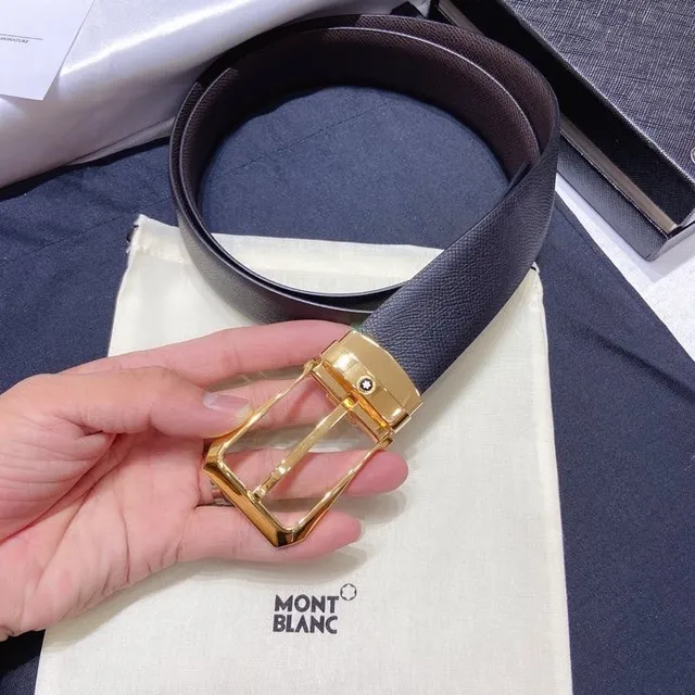 Montblanc Gray Gold Textured Pebbled Rectangular Buckle Leather Belt 6