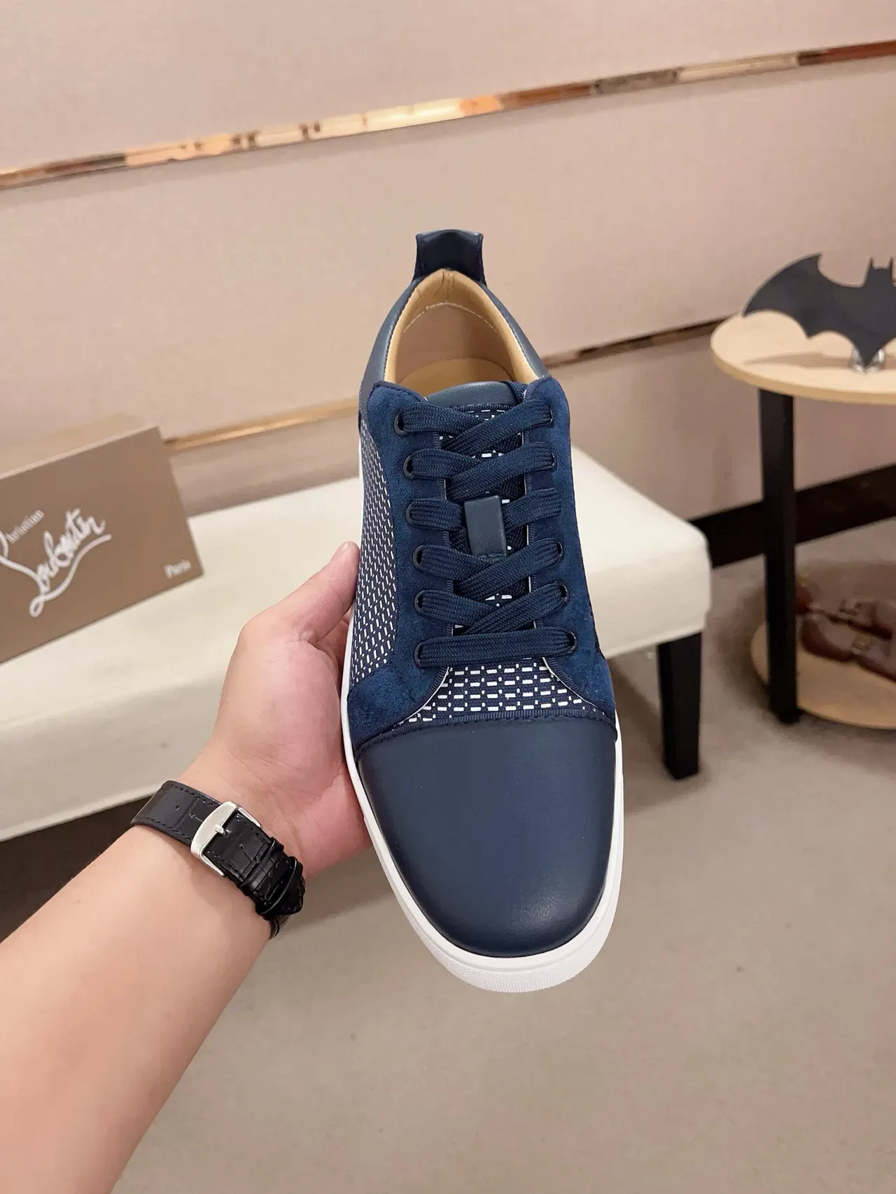 Navy Blue Perforated Mesh and Leather Low-Top Lifestyle Sneaker 2