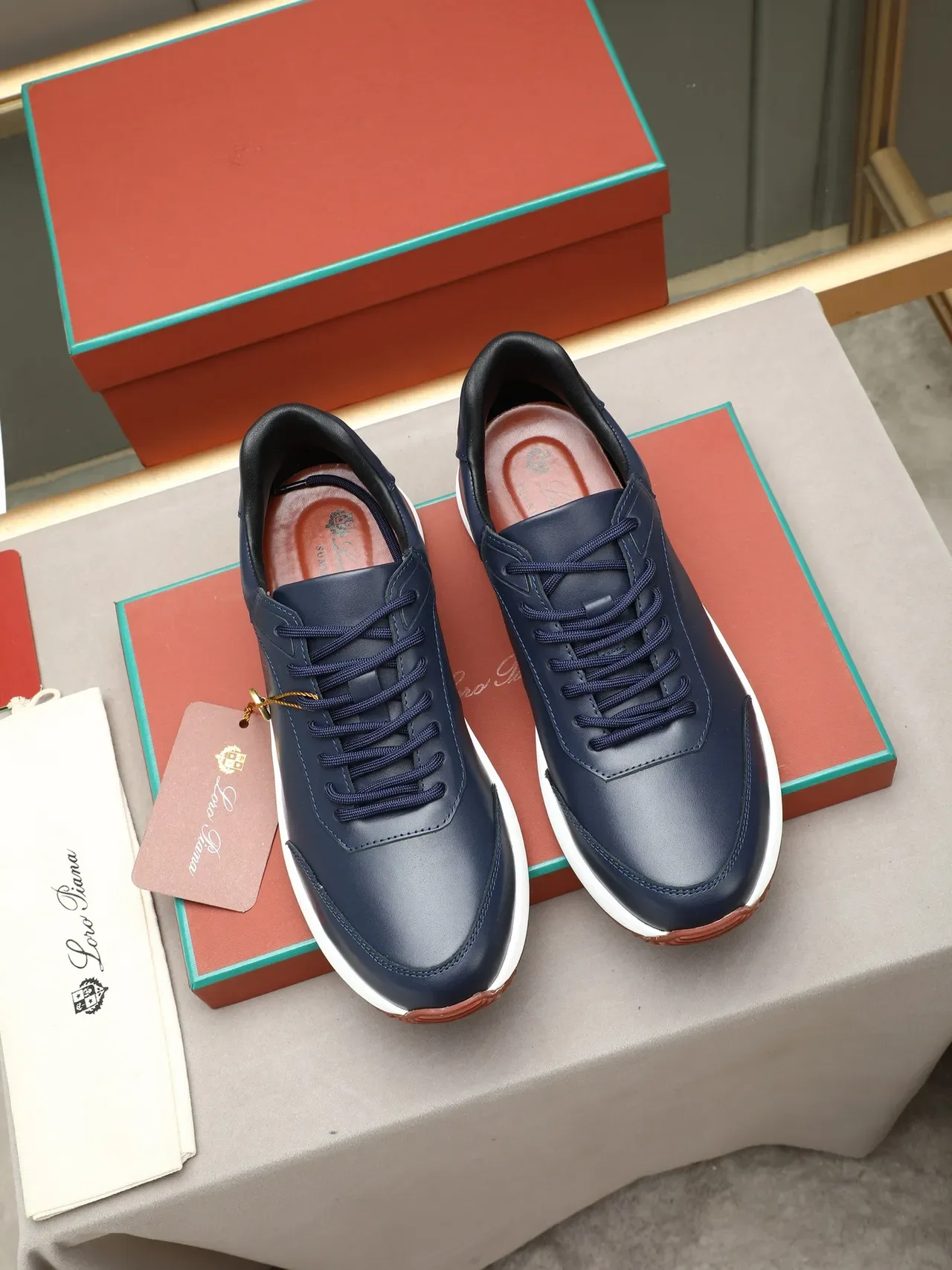 Navy Brown Leather Upper White And Layered Sole Sneakers 3