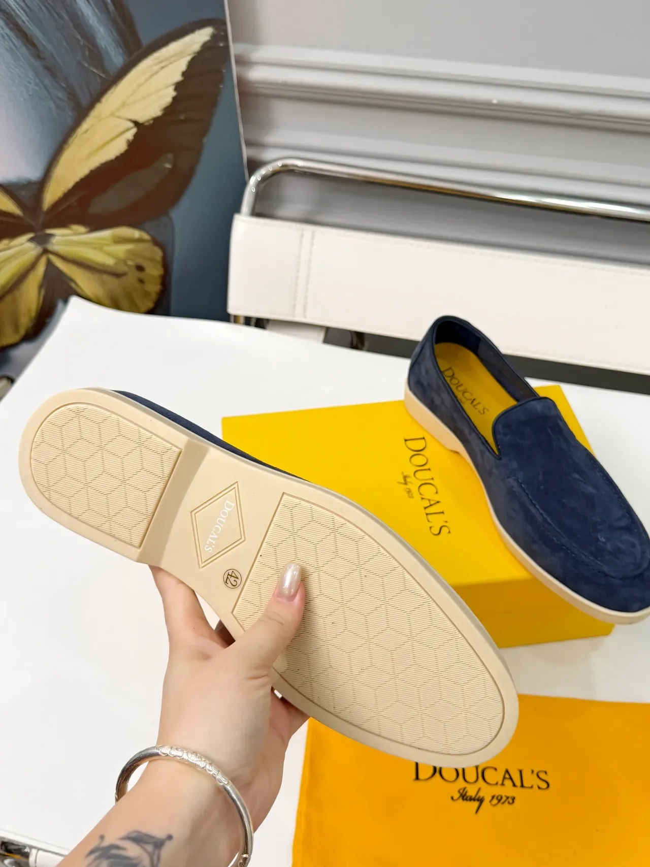 Navy Yellow Suede Upper Moccasin-Stitched Vamp Loafer 2