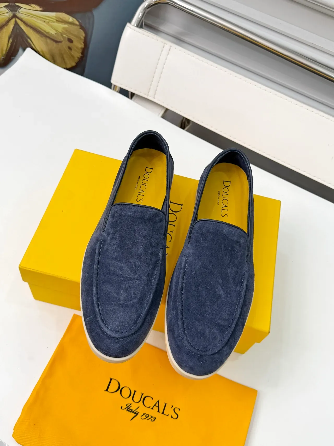 Navy Yellow Suede Upper Moccasin-Stitched Vamp Loafer 4