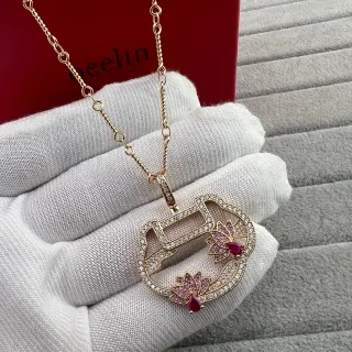 oeelin Colier pendentif filigrane doré rouge pavé-set pierres transparentes