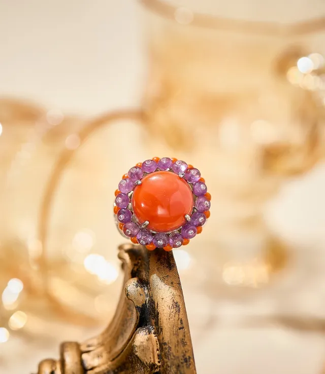 Orange Cabochon Beaded Halo Statement Ring 4