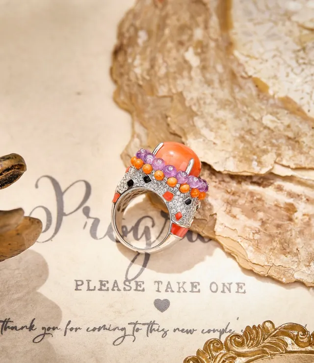 Orange Cabochon Beaded Halo Statement Ring 5