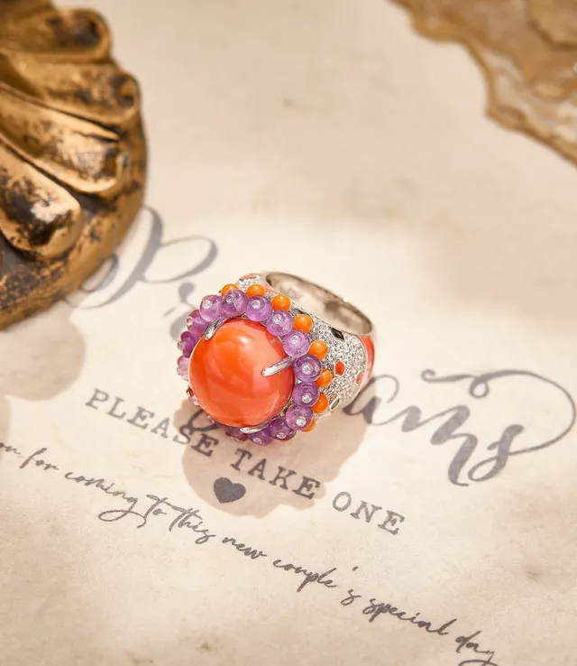 Orange Cabochon Beaded Halo Statement Ring 6