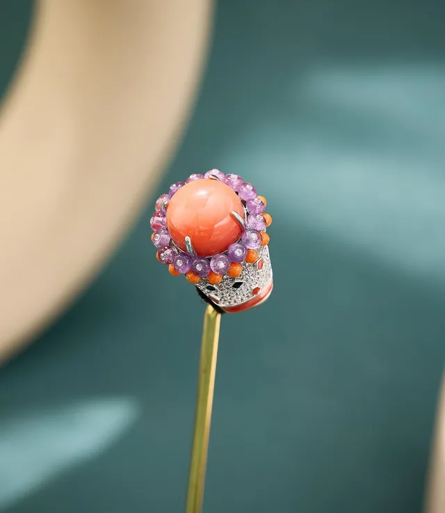 Orange Cabochon Beaded Halo Statement Ring 8