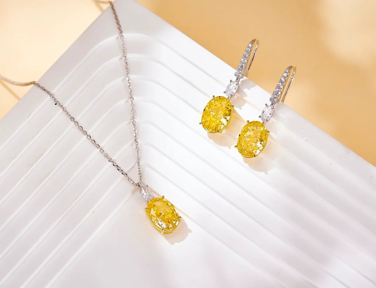Oval Yellow Gemstone and Pavé Diamond Drop Earrings 2