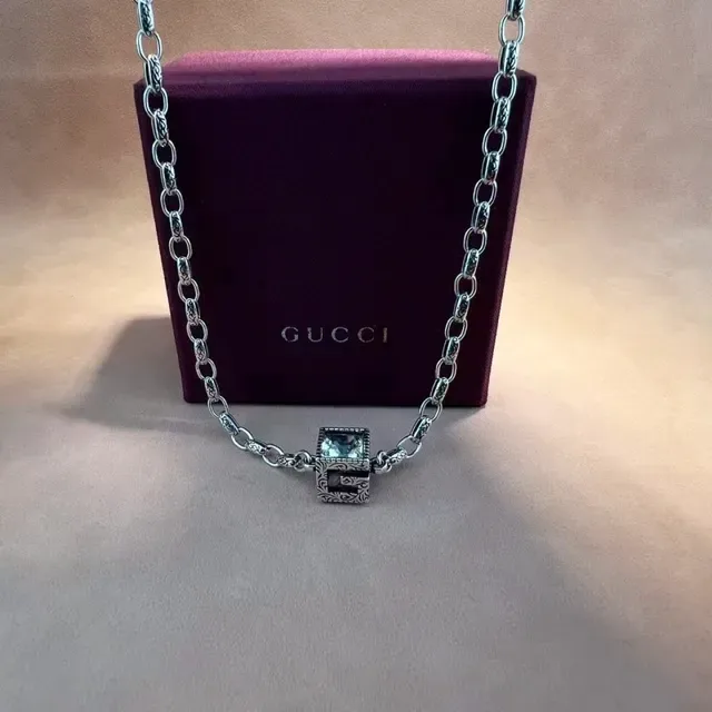 Oxidized Link Chain Square Bezel-Set Stone Necklace 8