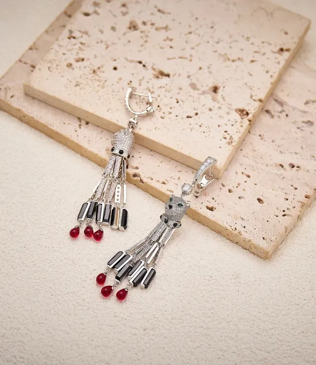 Panther-Head Pavé Gemstone Drop Earrings 3