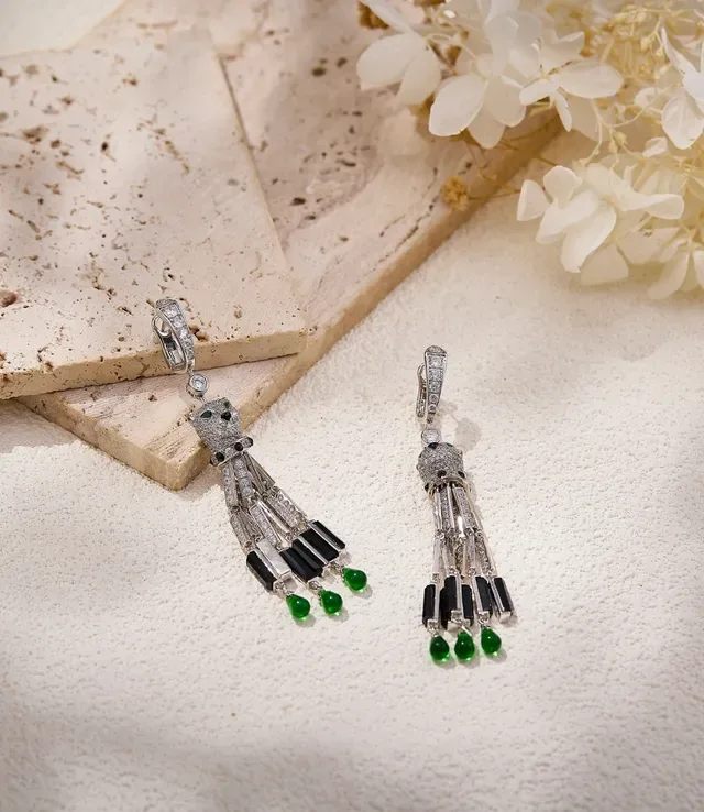 Panther-Head Pavé Gemstone Drop Earrings 4