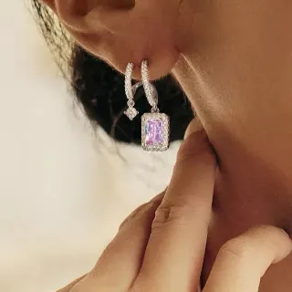 Brincos pendentif retangular Pavé-Set iridescente rosa-roxo