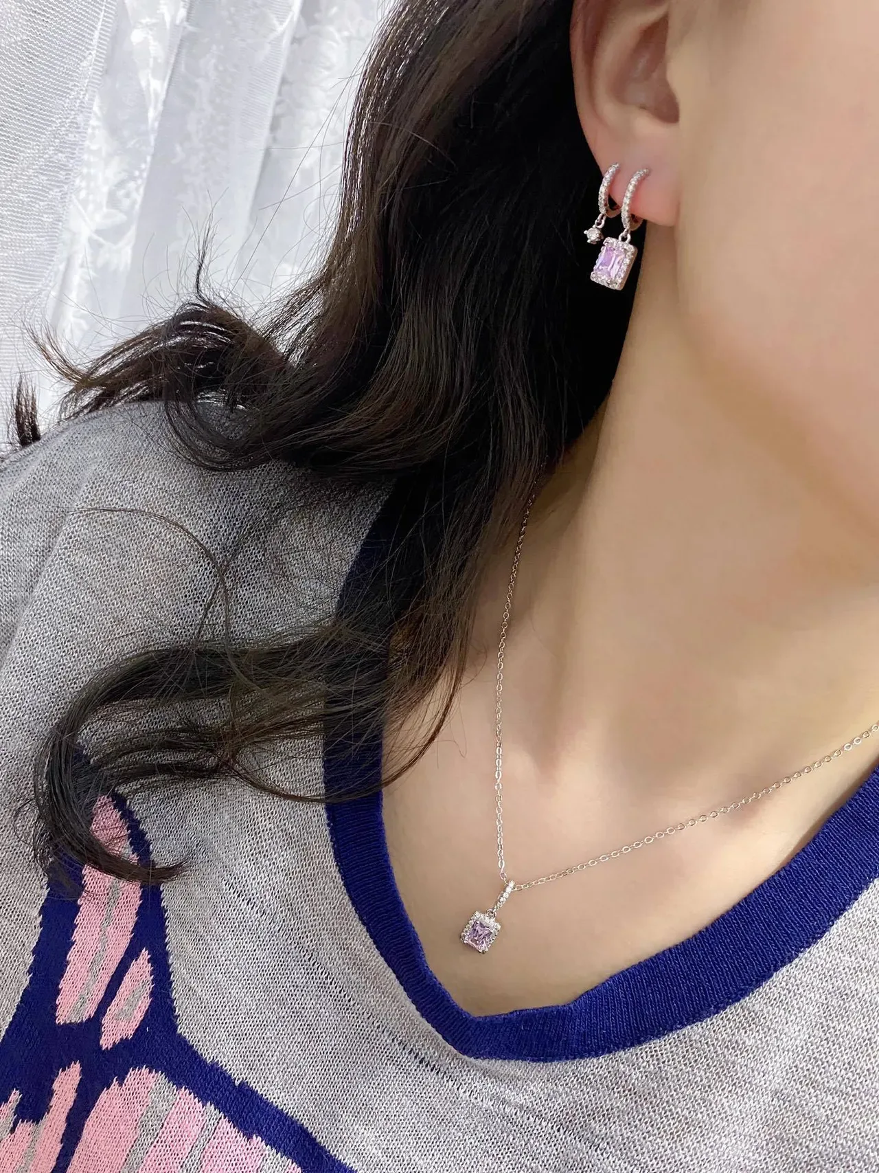 Pavé-Set Iridescent Pink-Purple Rectangular Pendant Dangling Earrings 3