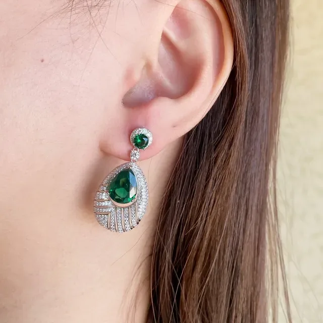 Pear-Cut Green Gemstone Pavé Diamond Fan Drop Earrings 7