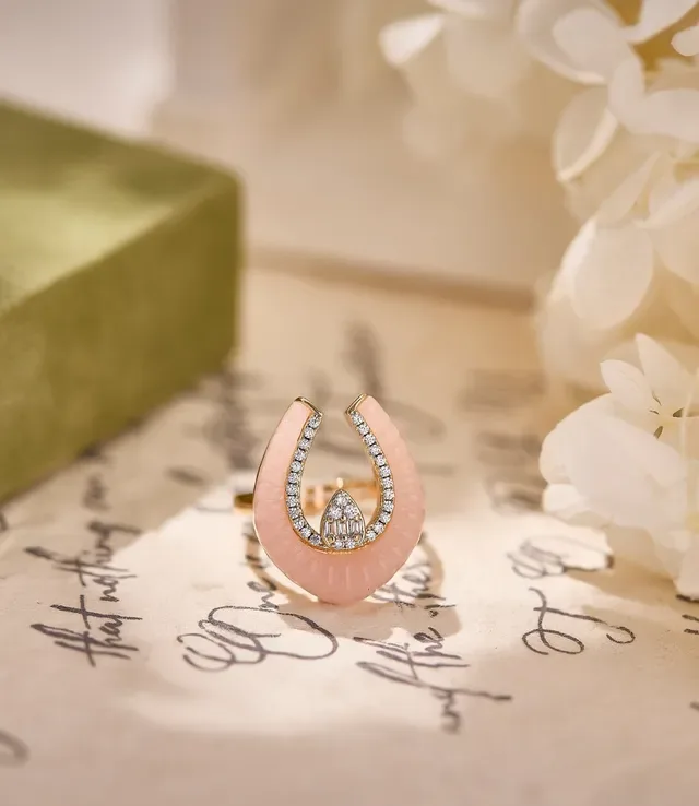 Pink Enamel Horseshoe Pavé-Diamond Gold-Tone Ring 3