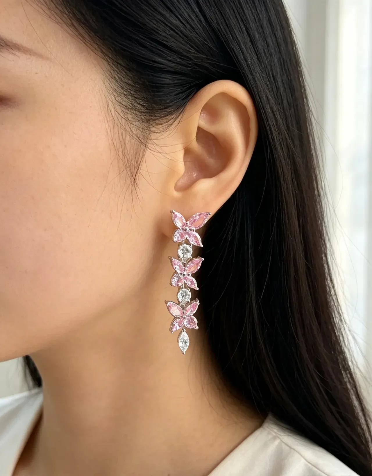 Pink Floral Multi-Tier Dangle Earrings 3