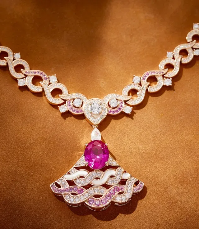 Pink Silver Pavé-Set Diamond Chain Fan-Shaped Pendant Necklace 2