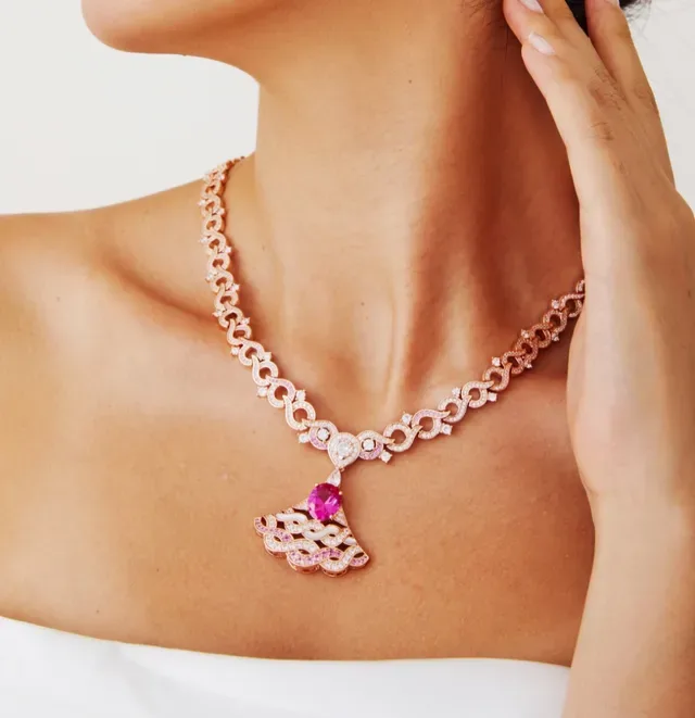 Pink Silver Pavé-Set Diamond Chain Fan-Shaped Pendant Necklace 8