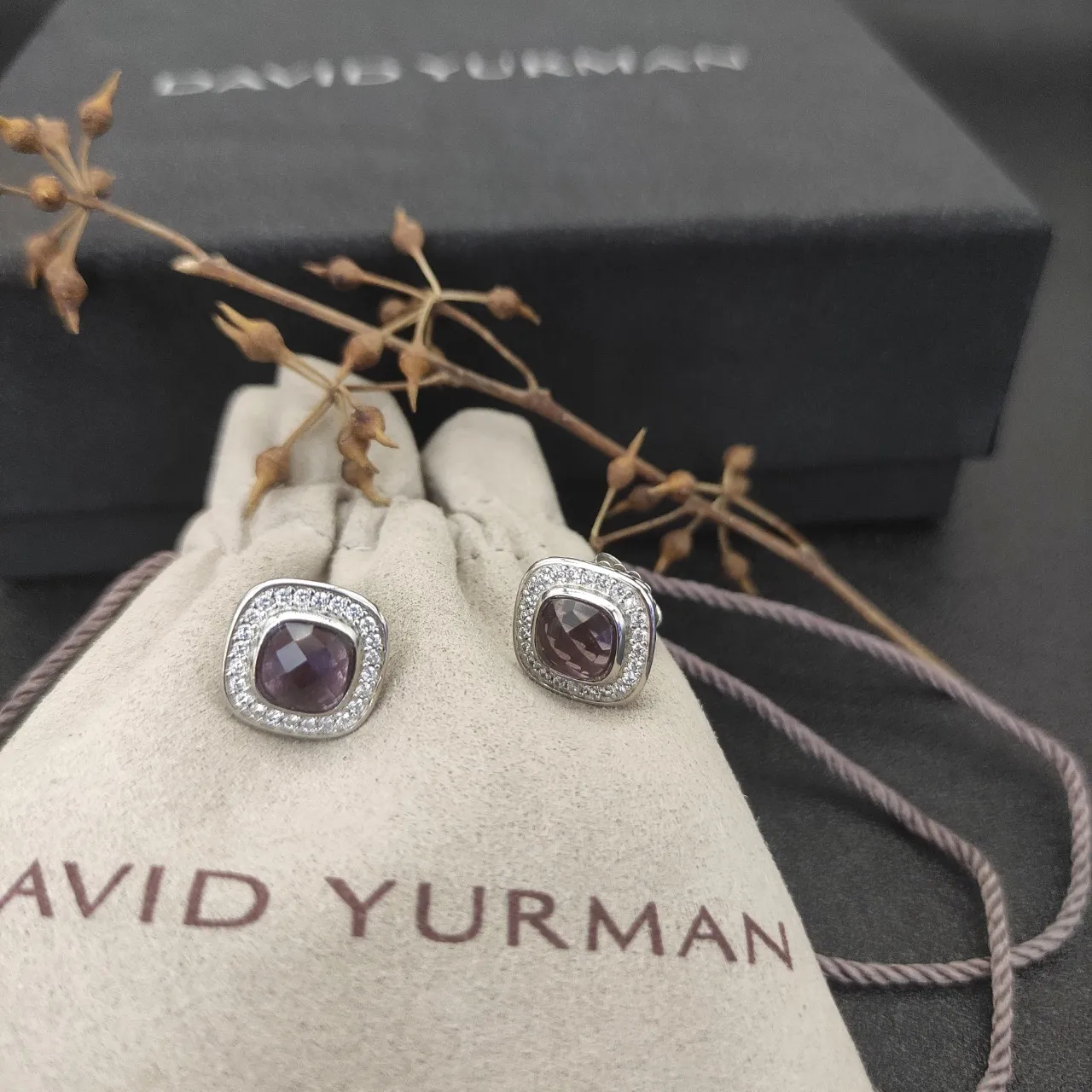 Purple Cushion-Cut Halo Stud Earrings 3