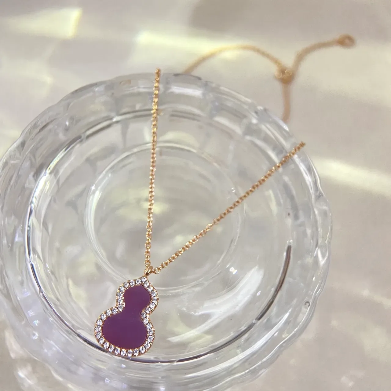 Purple Gold Gourd-Shaped Pendant Pavé-Set Clear Stones Necklace 4
