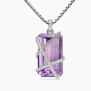 Collier Argent Violet Rectangulaire Gemmes Coupe Émeraude Motif Fil Tordu Croisé