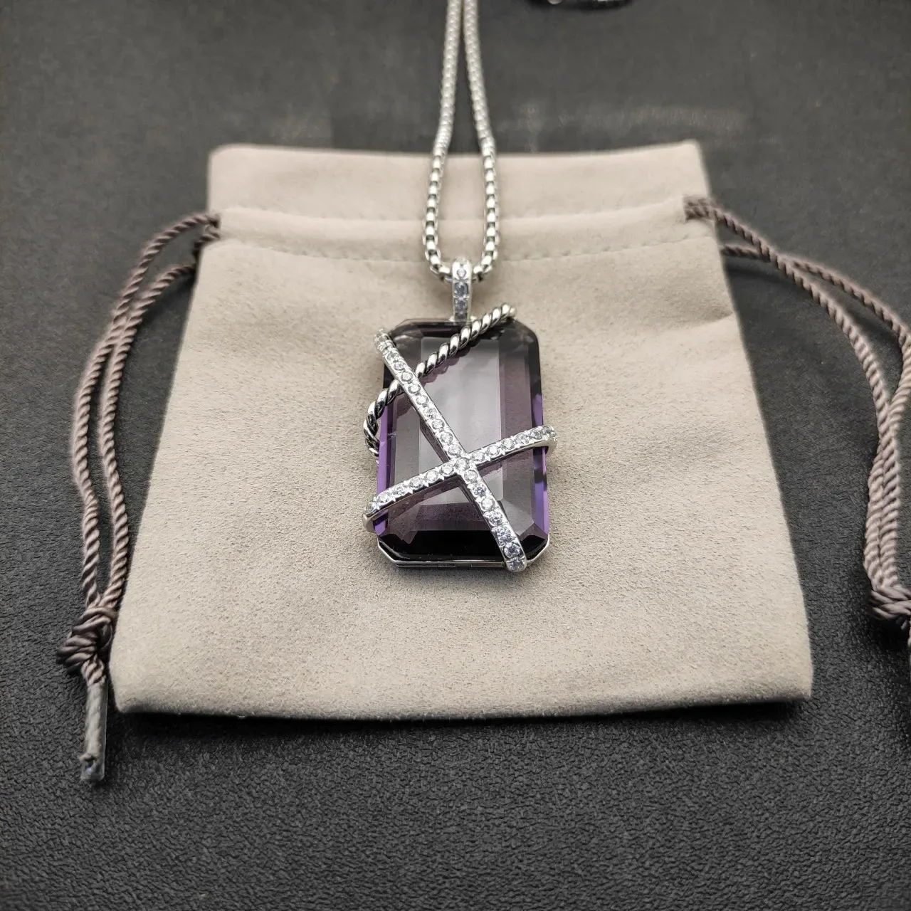 Purple Silver Rectangular Emerald-Cut Gemstone Crisscross Twisted Wire Motif Necklace 9