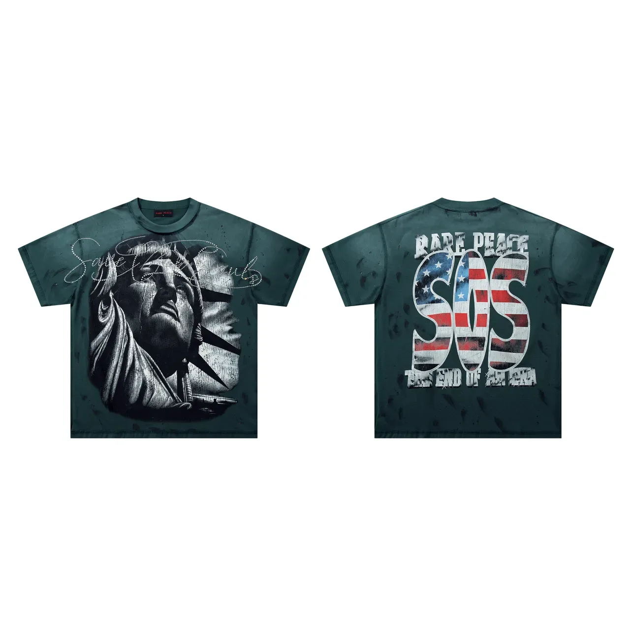 Camiseta gráfica desgastada Rare Peace con Estatua de la Libertad y bandera SOS 3
