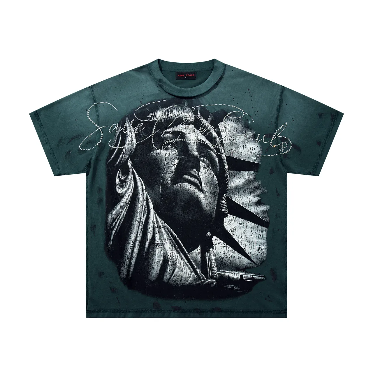 Camiseta gráfica desgastada Rare Peace con Estatua de la Libertad y bandera SOS 5