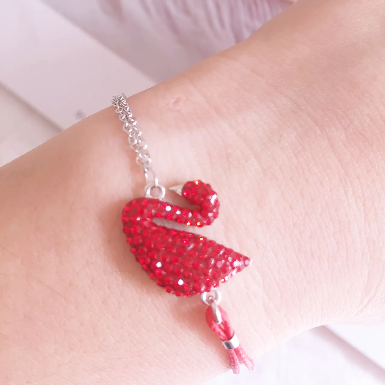 Red Crystal Swan Charm Silver Chain Bracelet 2