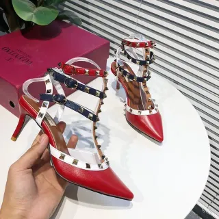 Red Navy White Studded Multi-Strap Pointed-Toe Stilettos