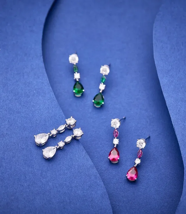 Red Silver Multi-Stone Linear Drop Pear-Shaped Teardrop Pendant Earrings 8
