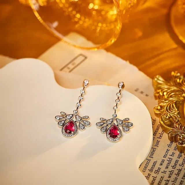 Red Silver Teardrop Chandelier Pavé-Set Earrings 3
