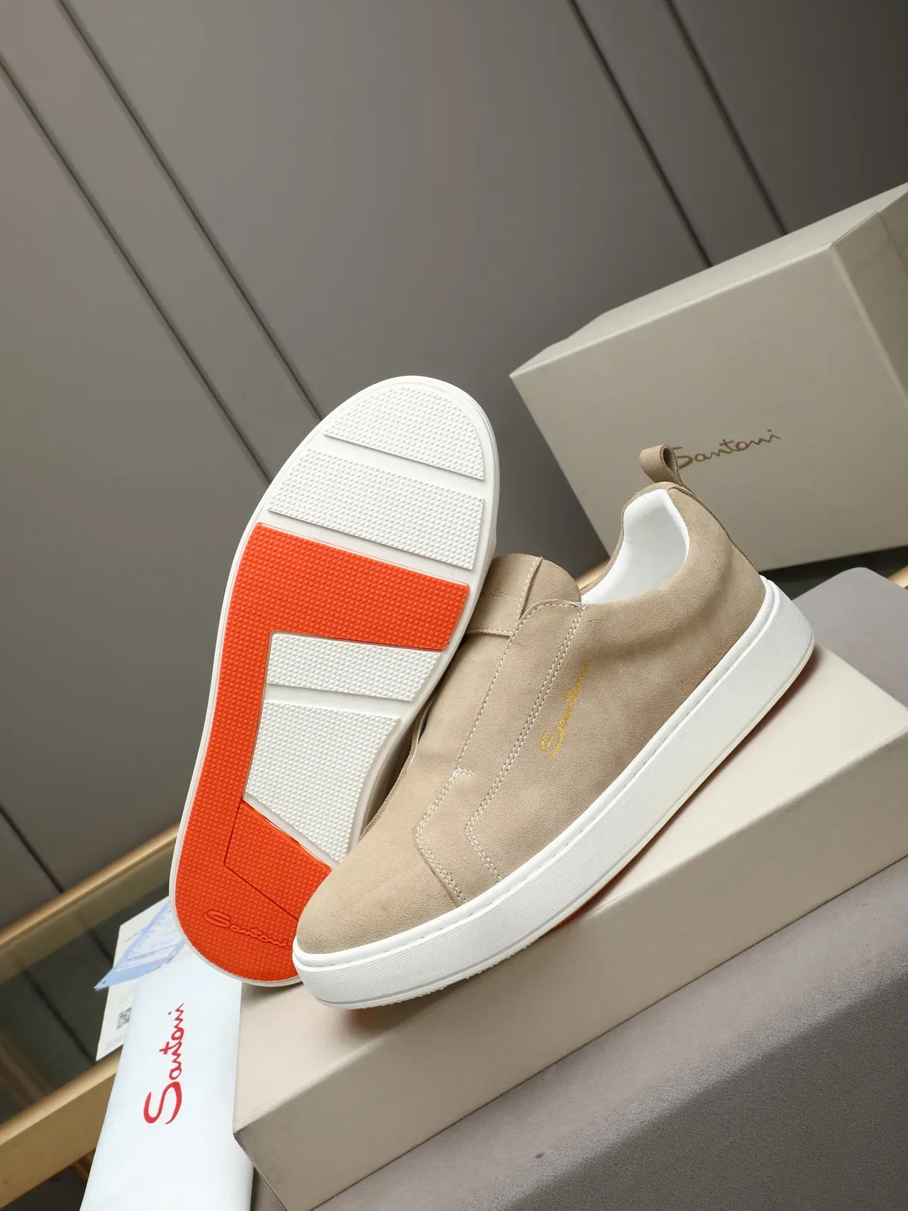 Santoni Beige Suede Slip-On Lifestyle Sneakers 4